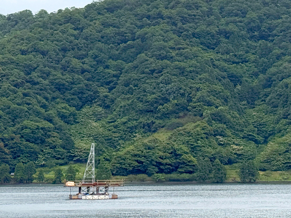 緑で囲まれた湖の中に建つ簡素なやぐら。中央部には塔が建てられている