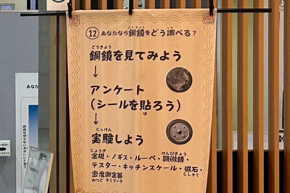 ブースの案内掲示「銅鏡を見てみよう」→「アンケート」→「実験しよう」と書かれている