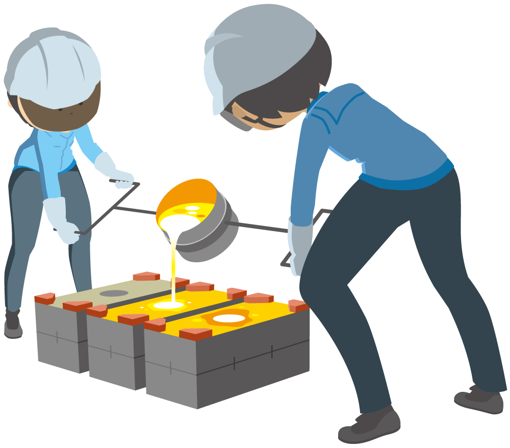 二人の人が融けた金属が入った容器を傾け、鋳型に流し込んでいるイラスト