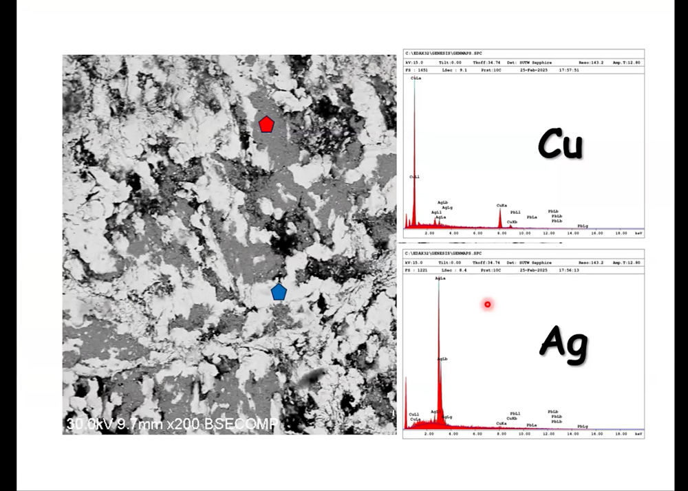 SEM像とEDSスペクトル Cuが多い場所とAgが多い場所
