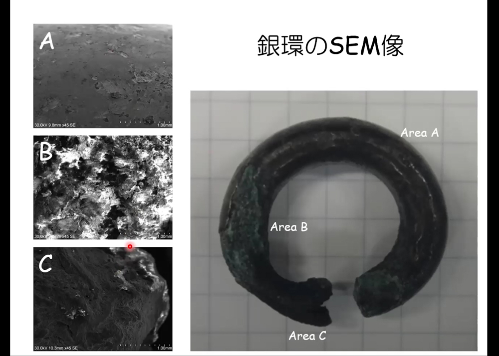 銀の耳環の写真とSEM写真