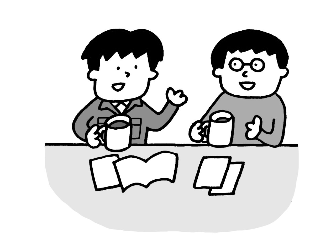 ふたりの男性が座って話をしているイラスト